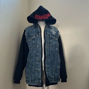 Universal Studios Halloween Stranger Things Long Denim Jacket w fleece hoodie LG